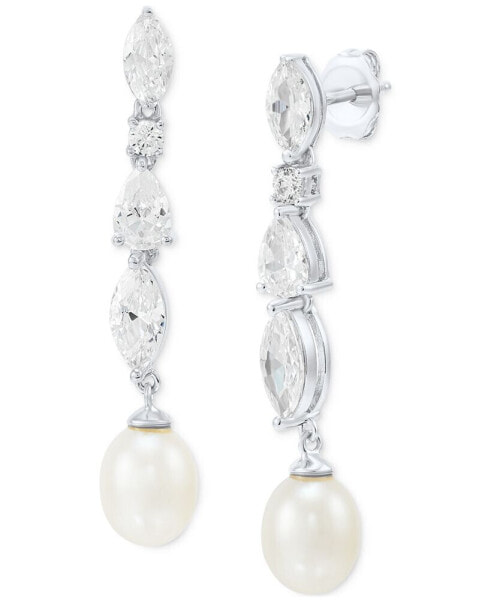Cultured Freshwater Pearl (9 x 7mm) & Cubic Zirconia Drop Earrings in Sterling Silver, Created for Macy's