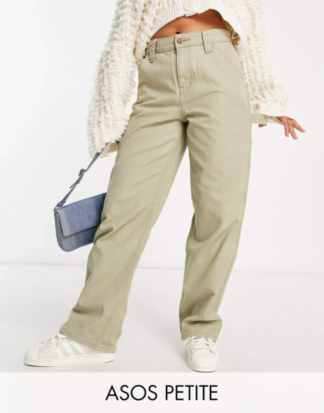 ASOS DESIGN Petite minimal cargo trouser in khaki with contrast stitching