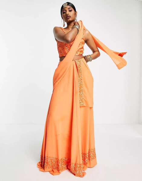 Maya – Lehenga-Maxirock in Mandarine-Orange mit Zierstreifen