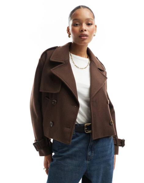 Bershka cropped wool trench coat in chocolate