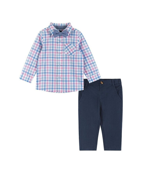 Baby Boys White and Navy Plaid Button down Shirt and Pants Set