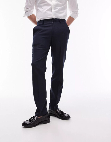 Topman stretch slim textured suit trousers in navy