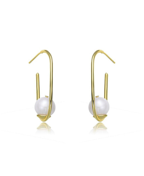 Stylish Sterling Silver 14K Gold Plating and Genuine Freshwater Pearl Square Hoop Earrings