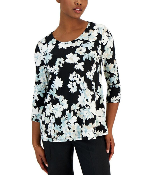 Petite Floral Ruched-Sleeve Top