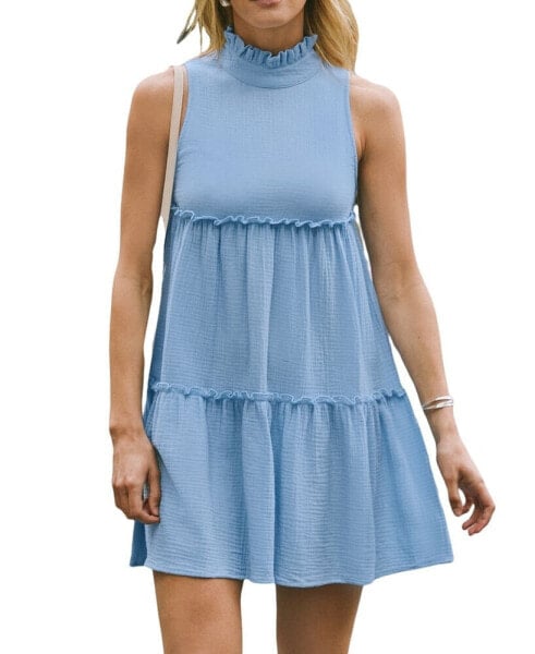 Women's Baby Blue Ruffle Collar Sleeveless Mini Beach Dress