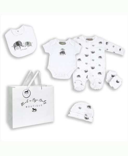 Baby Boys and Girls Elephant Family Layette Gift in Mesh Bag, 5 Piece Set