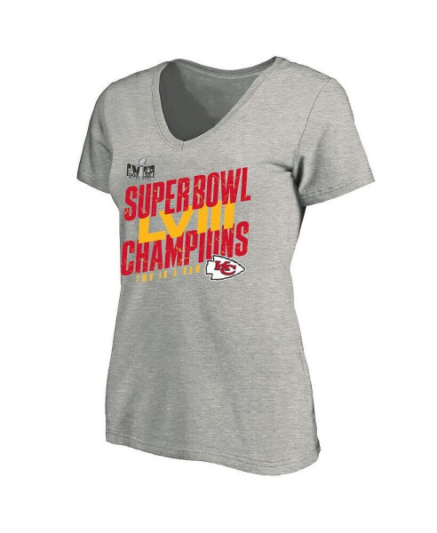 Women's Heather Gray Kansas City Chiefs Super Bowl LVIII Champions Plus Size Iconic Victory V-Neck T-shirt