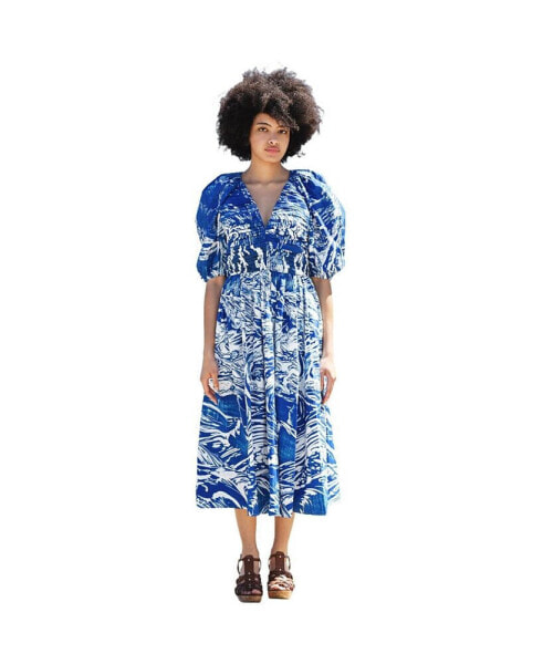 Blue Printmaking Taffeta Midi Dress