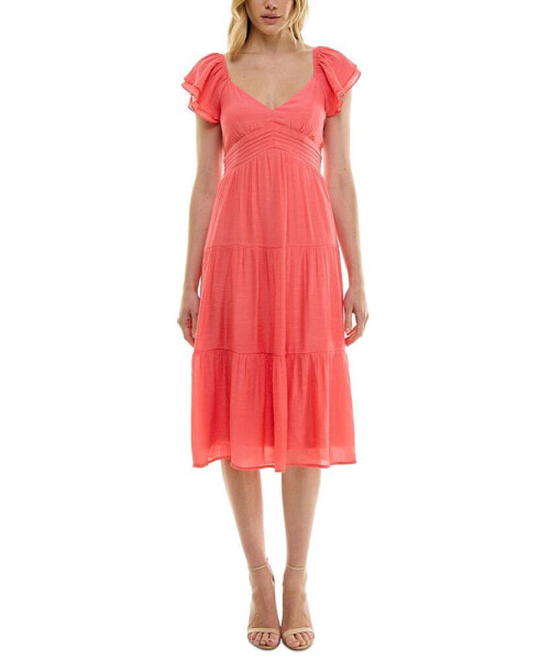 Juniors' V-Neck Tiered-Ruffle-Sleeve Midi Dress