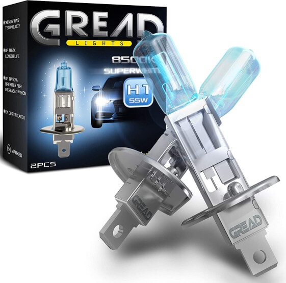 Gread Set of 2 Halogen Lamps in Xenon Look, Super White, 8500k, H1 to H11