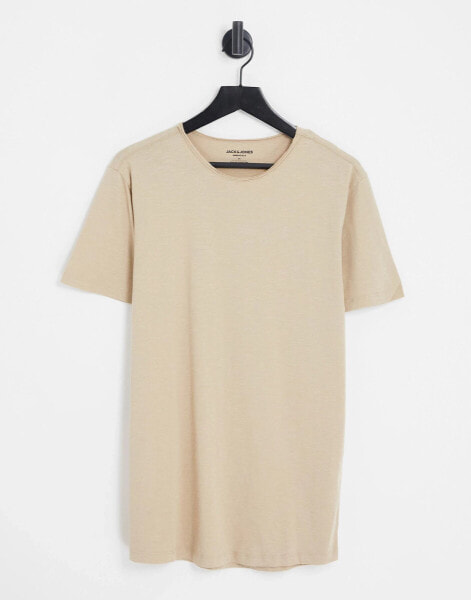 Jack & Jones Essentials longline scoop hem raw edge t-shirt in beige