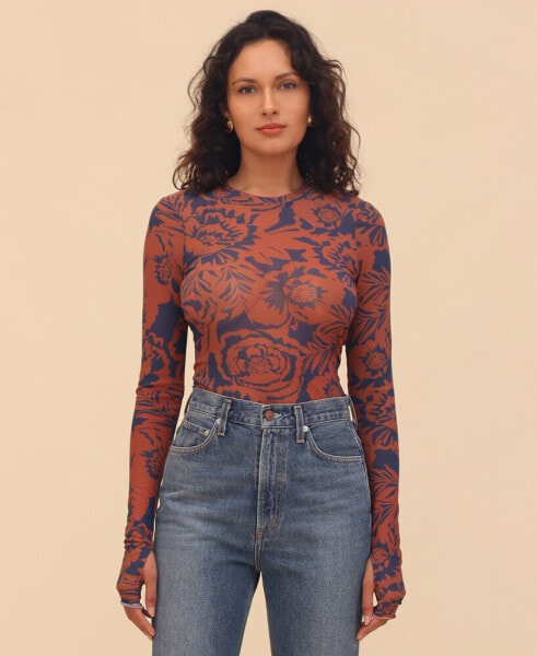 Women's Printed Mesh Long-Sleeve Top