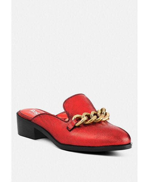 AKSA Womens Chain Embellished Leather Mules
