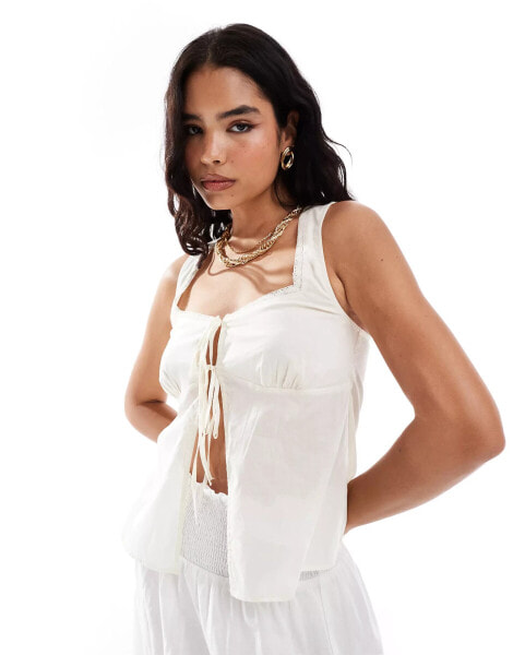 ASOS DESIGN cotton cami top with front ties in white