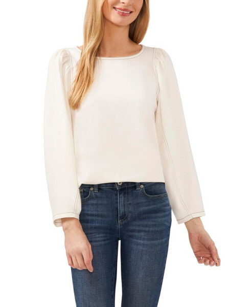 Women's Long Sleeve Puff Sleeve Blouse with Topstitching