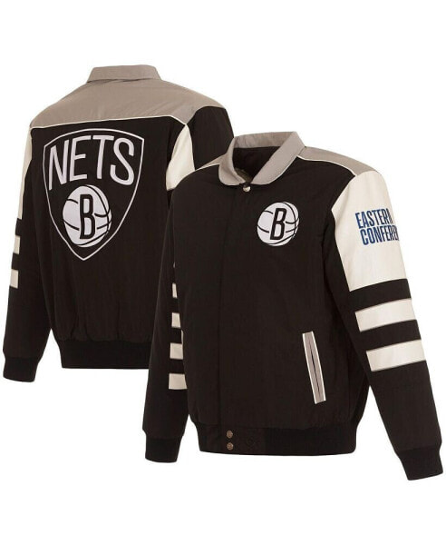 Куртка мужская JH Design черно-белая с полосками Brooklyn Nets 2-в-1 из нейлона