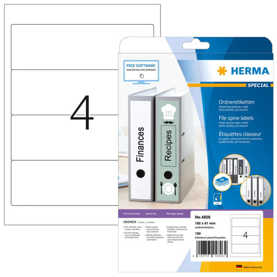 HERMA Inkjet file labels A4 192x61 mm white paper matt 100 pcs. - White - Rounded rectangle - Permanent - Paper - Matte - Inkjet