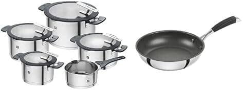 ZWILLING Simplify 5 Piece Stainless Steel Saucepan Set with Integrated Strainer in Lid, Induction Suitable, Silver Black
