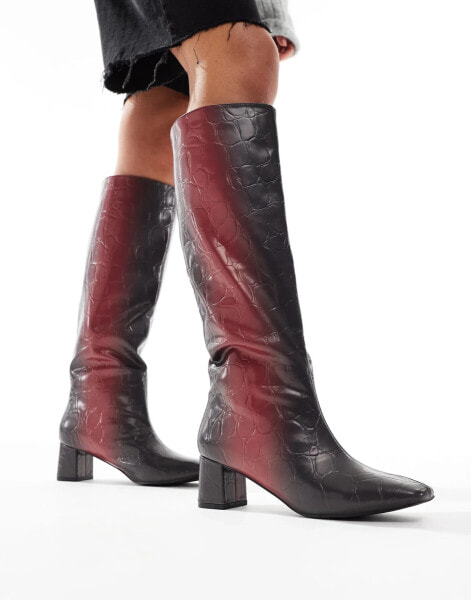 Public Desire Tamira block heel knee boots in red ombre croc