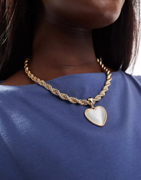 ASOS DESIGN Curve necklace with real semi precious cat eye heart stone on rope chain in gold tone