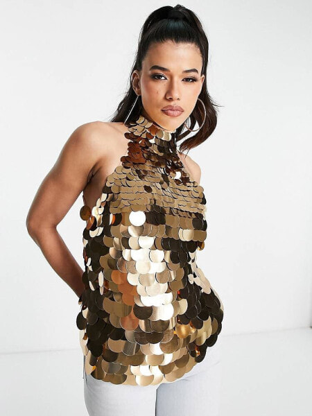 ASOS DESIGN halter top in large disc embellishment in gold 