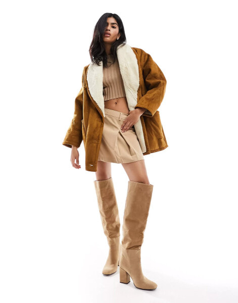 Pull&Bear faux suede shearling detail coat in tobacco brown