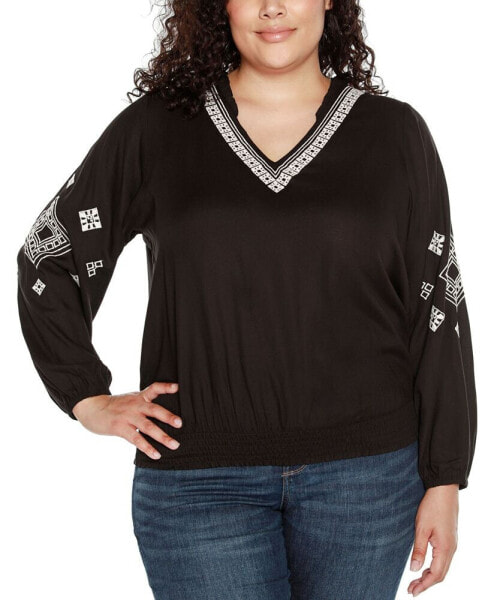 Black Label Plus Size Embroidered Blouson Sleeve V-Neck Blouse