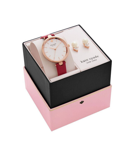 Women's Holland Red Leather Watch and Earring Box Set 34mm