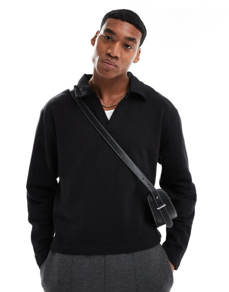 ASOS DESIGN boxy oversized polo sweatshirt in black