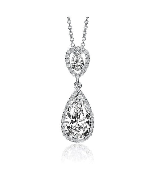 Sterling Silver with White Gold Plated Two Clear Pear Round Cubic Zirconia Halo Pendant