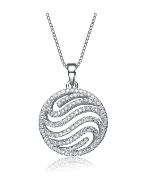 Cubic Zirconia Sterling Silver White Gold Plated Swirl Design Round Drop Pendant