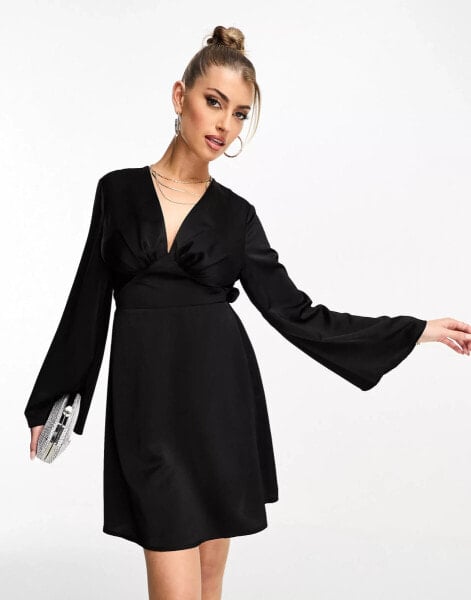 Flounce London satin wide sleeve mini dress in black