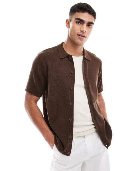 ASOS DESIGN midweight cotton knitted button through polo in brown