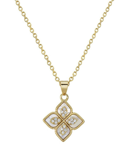 16-18" Adjustable 14K Gold Plated Renaissance Flower Crystal White Imitation Mother of Pearl Necklace