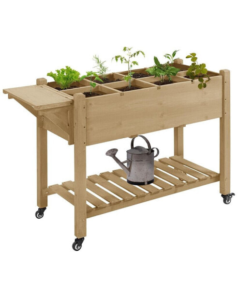 49" x 21" x 34" Raised Garden Bed w/ 8 Grow Grids, Outdoor Wood Plant Box Stand w/ Folding Side Table and Lockable Wheels for Vegetables, Flowers, Herbs, Natural