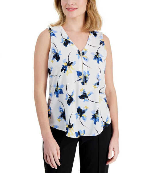 Petite Printed Zip Front V-Neck Sleeveless Top