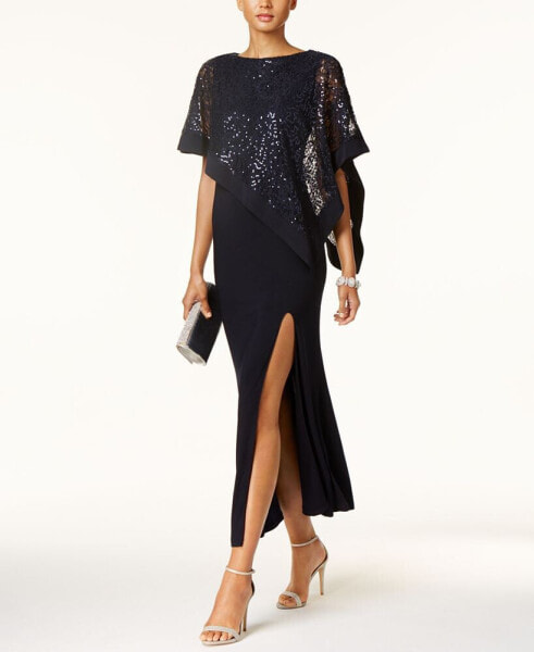 Sequined Lace Cape Gown