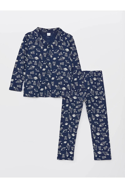 LCW Kids Gömlek Yaka Desenli Uzun Kollu Erkek Çocuk Pijama Takımı