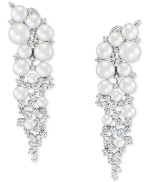 Cultured Freshwater Button Pearl (4 - 8-1/2mm) & Cubic Zirconia Vine Cluster Drop Earrings