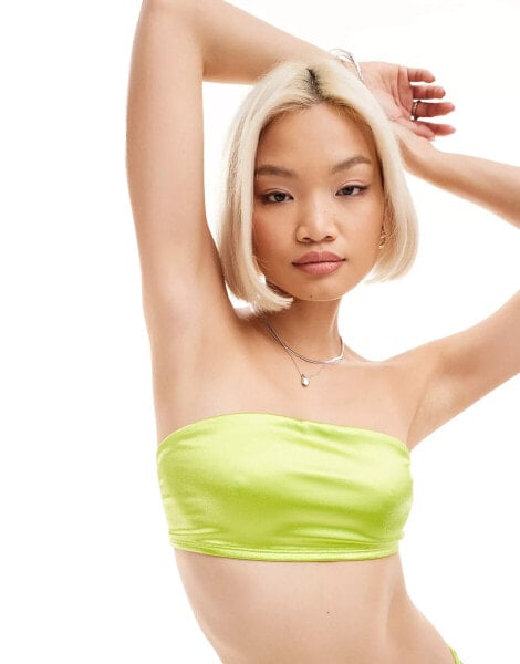 Monki mix and match bandeau bikini top in metallic lime green