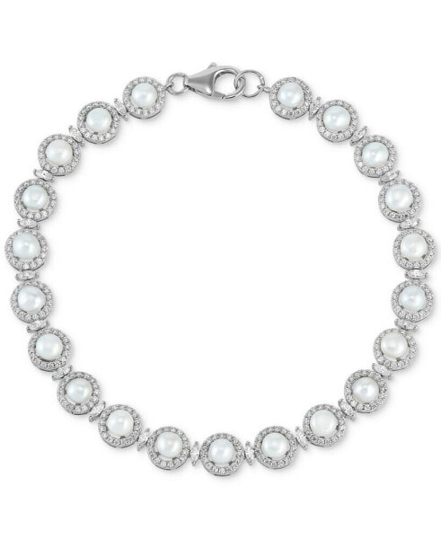 Cultured Freshwater Button Pearl (4 - 4-1/2mm) & Cubic Zirconia Link Bracelet in Sterling Silver