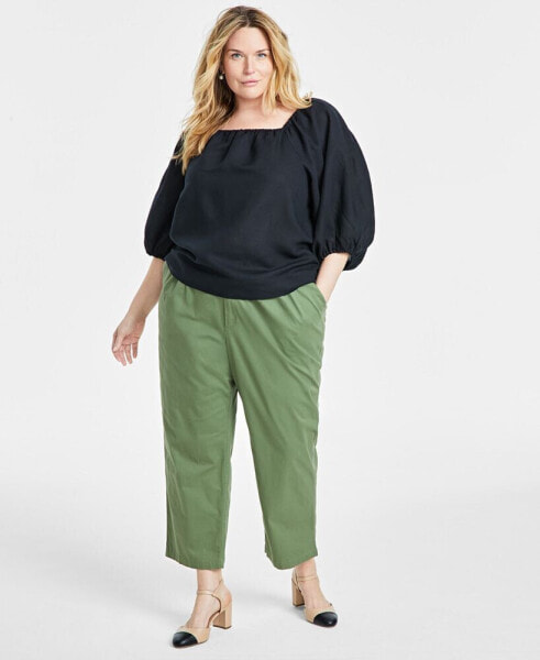 Trendy Plus Size Linen-Blend Volume-Sleeve Top, Created for Macy's