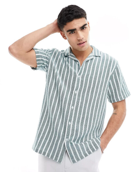 Brave Soul cotton textured revere collar shirt in green stripe