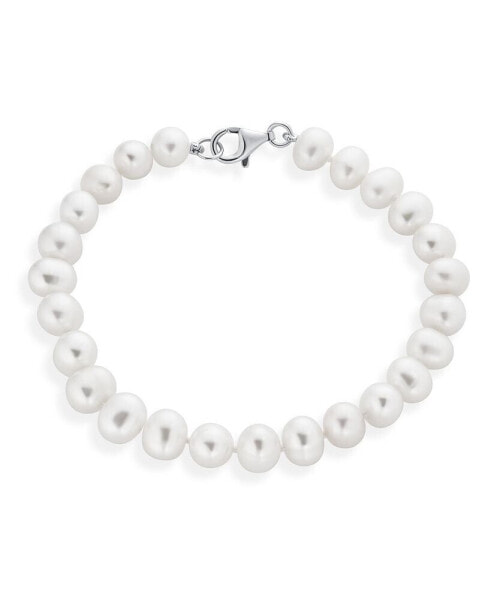 Classic Simple 7.5-8 MM White Freshwater Cultured Pearl Hand Knotted Strand Bracelet For Women For Sterling Silver 7.5 Inch