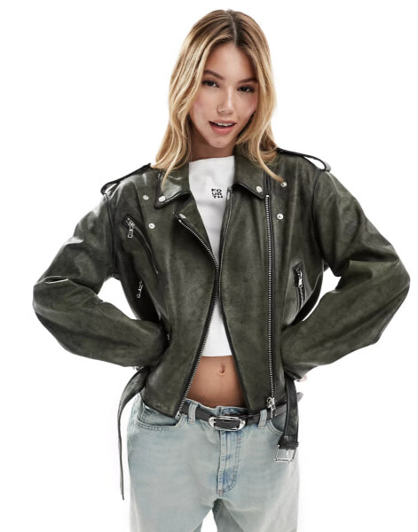 ASOS DESIGN washed distressed leather biker jacket in tinted green wash