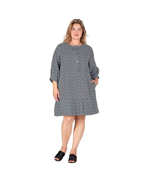 Plus Size Pullover 3/4 Sleeve Flounce Pleated Midi Hem Dress