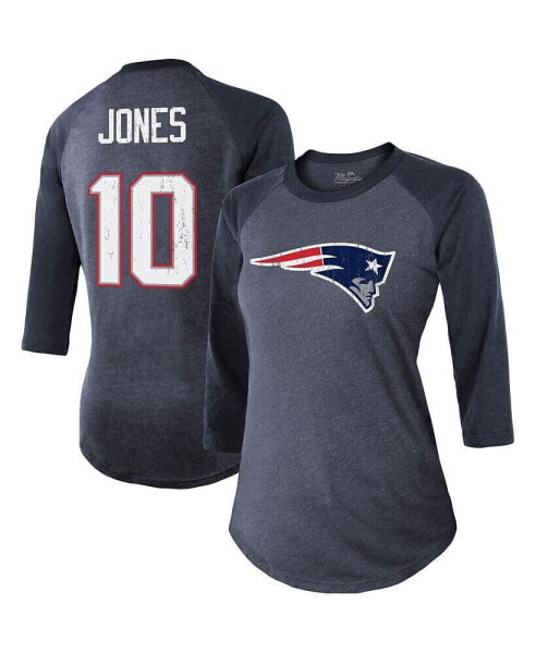 Women's Threads Mac Jones Navy New England Patriots Player Name and Number Raglan Tri-Blend 3/4-Sleeve T-shirt