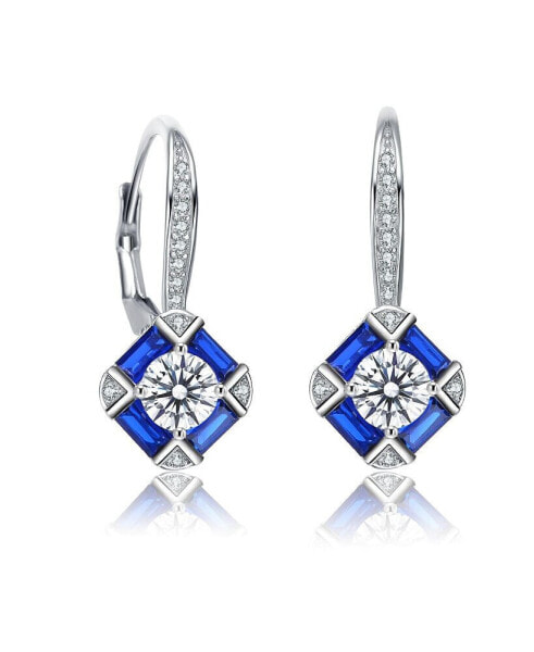 Sterling Silver White Gold Plated and Sapphire Cubic Zirconia Leverback Earrings