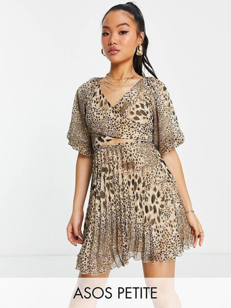 ASOS DESIGN Petite wrap around pleated mini dress in natural animal print