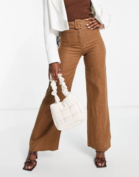 & Other Stories linen high waist belted tailored trousers in brown